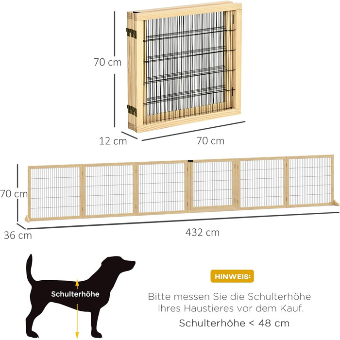Захисне ґратка для собак PawHut - регульоване, самостійне, дерев'яне, 6 панелей, 70H x 432B см