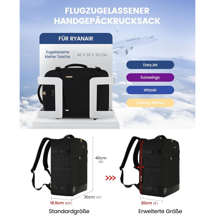 LOVEVOOK Рюкзак ручної поклажі 40L, 17.3 дюйми, великий рюкзак для подорожей для жінок та чоловіків, розширюваний дизайн, рюкзак ручної поклажі для літака, Travel Backpack як Cabin Bag для подорожей та бізнесу (40x30x20cm-24L, Чорний + Сірий + Каштанового