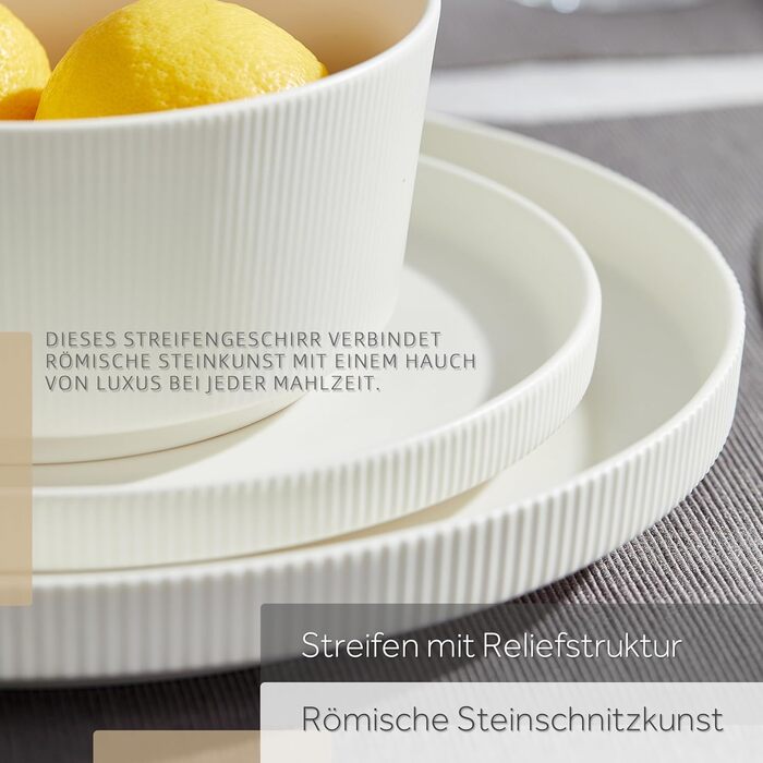 Набір посуду Jiwoo для 4 осіб (12 предметів): тарілки, супові миски, десертні тарілки - Bone China, сучасний дизайн, безпечно мити в посудомийній машині та використовувати в мікрохвильовці