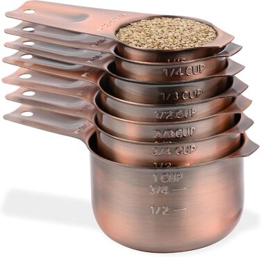 Copper Measuring Cup and Spoon Set, Stainless Steel Measuring Cups and Spoons, Metric, 7 Measuring Cups and 9 Long Measuring Spoons, 1 Leveler and 1 Conversion Chart for Kitchen, Cooking, and Baking