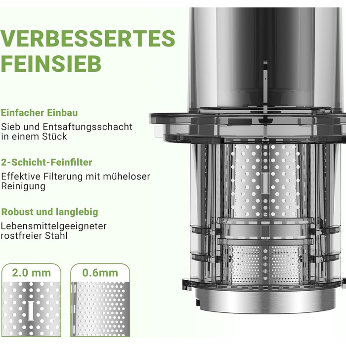 AMZCHEF Juicer, Slow Juicer - 126MM Large Feed Chute for Whole Vegetables and Fruits, Stainless Steel Juicer, Easy to Clean, Large Auger, Double Strainers