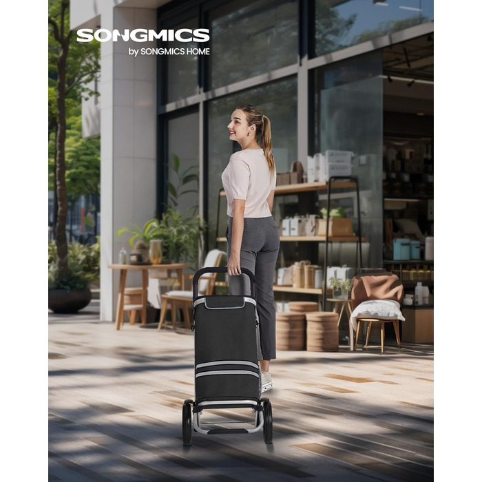 SONGMICS Shopping Trolley, Cart, Shopping Cart with Cooler Compartment, Large, 35 Liters, Folding, Shopping Bag with Wheels, Removable Bag, Black KST03BK