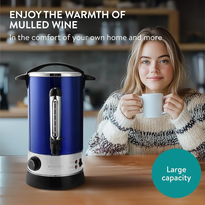 Navaris Mulled Wine Warmer/Hot Water Dispenser - Stainless Steel - with Thermostat, Level Indicator, Tap - Mulled Wine/Hot Beverage Dispenser (10 l, Blue)