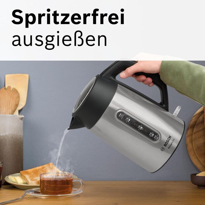 Електричний чайник Bosch DesignLine TWK4P440, 1.7 л, нержавіюча сталь/чорний, з індикатором рівня води та захистом від перегріву