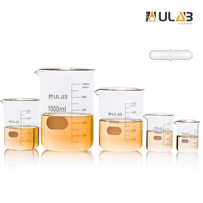 ULAB Scientific Beaker Set with Magnetic Stirrer Rod Offer, 5 Sizes: 50 ml, 100 ml, 250 ml, 500 ml, 1000 ml, 3.3 Boro Griffin Low Form with Printed Graduations, UBG1002