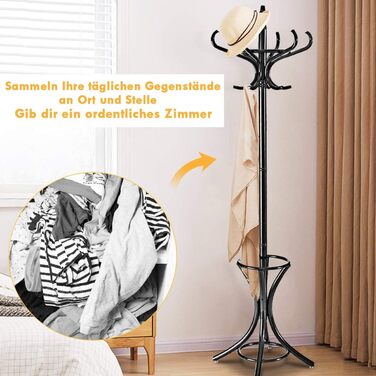 COSTWAY 184cm Wardrobe Rack with Umbrella Holder, Coat Rack with 12 Clothes Hooks, Clothes Rack made of Wood, Freestanding Coat Rack for Entryway, Living Room and Bedroom (Black)