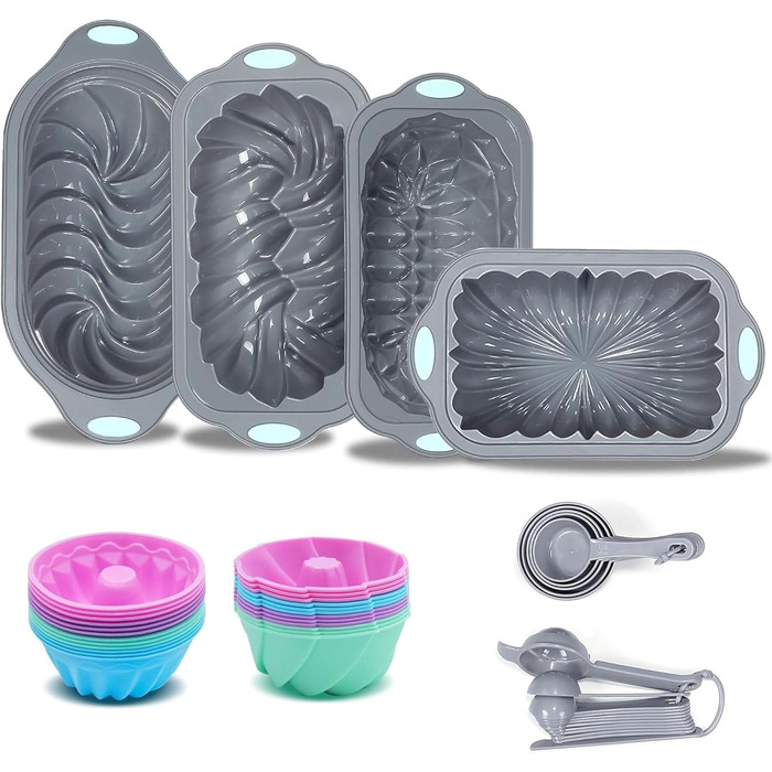 Tongude 45-Piece Silicone Baking Mold Set, 6-Cup Silicone Baking Mold for Baking Bread, Muffin Tins, Non-Stick Kitchen Oven Baking Molds, with Measuring Cups and Spoon Set, gray