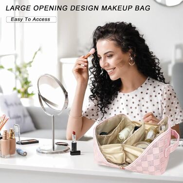 Жіноча косметичка для подорожей з великим об'ємом, водонепроникна, з перегородками, органайзер (кремовий абрикос) (рожевий пудра)