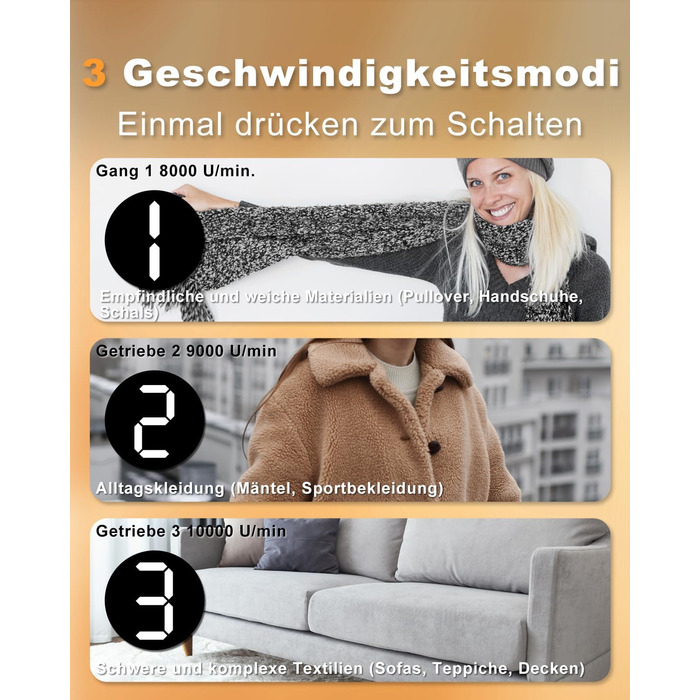 Електричний видалення ворсу для одягу, меблів та текстилю - портативний бездротовий прилад з LED-дисплеєм та 3 рівнями налаштування, чорний
