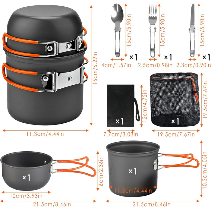 Набір посуду для кемпінгу та приготування їжі на природі (1-2 особи), легкий, для туризму та подорожей