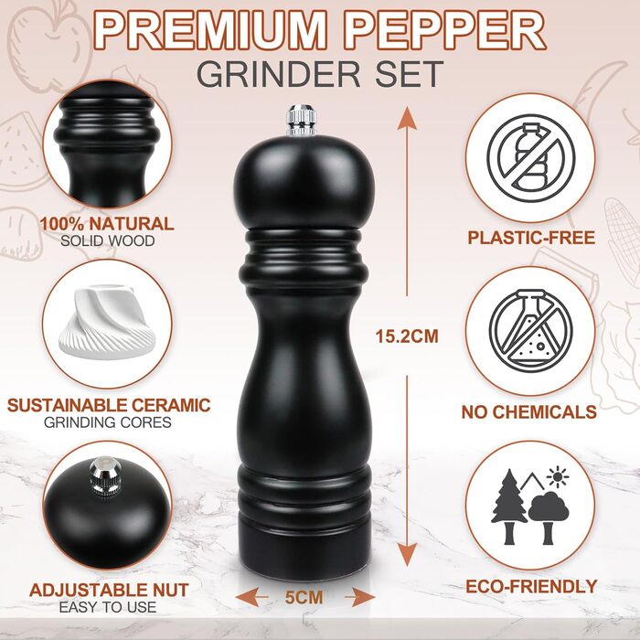 Набір з 2 дерев'яних мельниць для солі та перцю з регульованим млинком, великі, керамічні, ручні для морської солі, чилі, чорного та білого перцю
