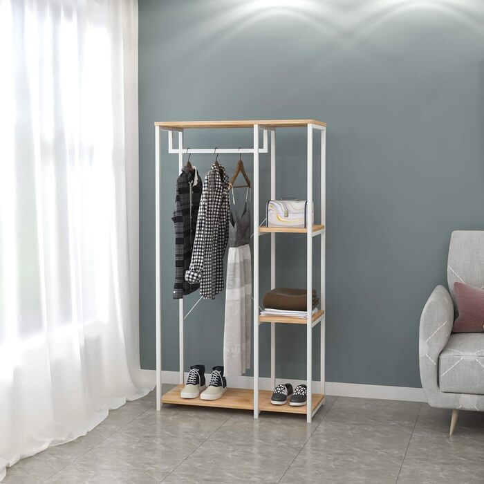 WOLTU Clothes Rack Organizer Coat Rack Laundry Rack Open Wardrobe with 4 Shelves for Bedroom Hallway, Wood and Steel (White + Light Oak)