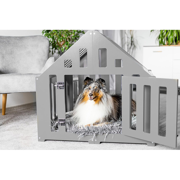 Будка для собак з дерева, клітка для собак, закривається, вольєр для собак, собачий будиночок, переноска для тварин, чорний колір (85 x 70 x 80 см), графіт