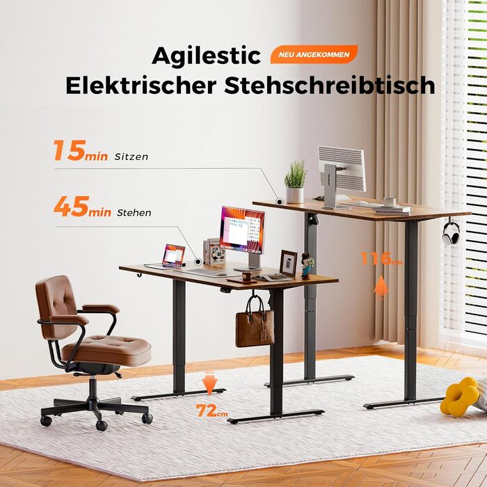 Регульований за висотою стіл Agilestic: електричний, з пам'яттю, ергономічний, для роботи та ігор, 120 x 80 см, білий/коричневий