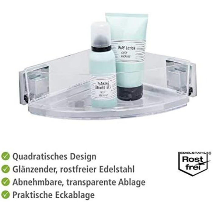 WENKO Vacuum-Loc Bathroom Corner Shelf Quadro UNO, With Removable Bowl, Mounting Without Drilling, Stainless Steel/Plastic, 28 x 8.5 x 19.5 cm