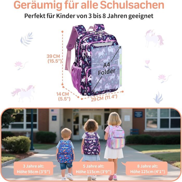 Дитячий рюкзак Bagseri Kinderrucksack для дівчаток 15L, легкий рюкзак для школи та 1-2 класу, з нагрудним ременем та ізотермічним відділенням, сумісний з DIN A4, з світловідбиваючими елементами, Deep Purple Einhorn