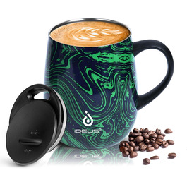 Кружка для кави та чаю Ideus 470 мл з подвійними стінками, нержавіюча сталь, з неслизьким ручним тримачем та кришкою-відкидником, великий об'єм (Трав'яний зелений)