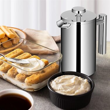 Френч-прес для кави, 600 мл, нержавіюча сталь, з 3-рівневою фільтрацією, подвійні стінки, з ложкою, сріблястий