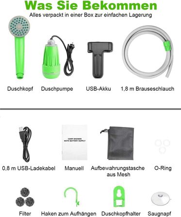 LIBERRWAY Camping Shower with Pump, Camping Shower Set with Rechargeable Battery, 2m Shower Hose Outdoor Shower for Garden Beach Camping Travel Car Washing, Mobile Shower Black