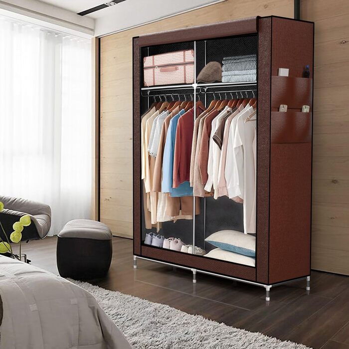 INTIRILIFE Folding Wardrobe 108x170x45 cm - Fabric wardrobe with zipper and clothes rail, side pocket and compartments - shelf, metal frame, storage (Coconut Brown)