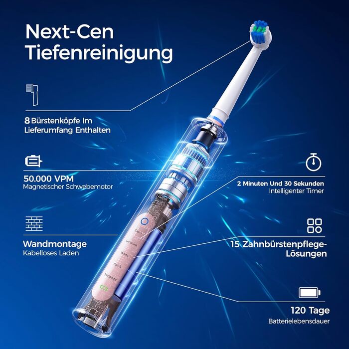 Електрична зубна щітка з круглою головкою – 50 000 рухів/хв, 8 насадок, 3 режими інтенсивності, 5 режимів чищення, 120 днів автономної роботи, IPX7, доросла та дитяча, помаранчево-рожева (1 комплект)