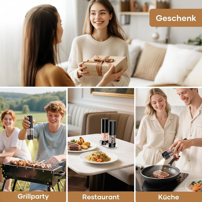 Електричні мельниці для солі та перцю 2 шт. (чорні) з регулюванням помелу, LED-підсвіткою та ємністю 100 мл