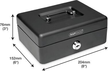 Металева касова скринька Rapesco SB0006B1 з замком, 3 ключами та висувним відділенням, розмір 6, чорна