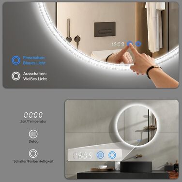 Дзеркало для ванної кімнати YOURLITE з підсвічуванням, 60 см, LED, сенсорне керування, 3 кольори, регулювання яскравості, протизапітніння, функція пам'яті, годинник, білий (сріблястий)