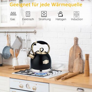 Чайник-свисток 3L з нержавіючої сталі, з термостійкою ручкою, для індукційних плит, чорний