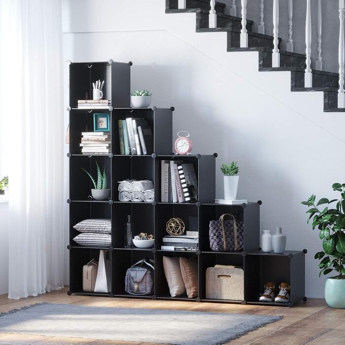 C&AHOME Cube Storage Shelves, 16-Cube Unit, Cabinet, DIY Plastic Modular Shelving, Ideal for Bedroom, Living Room, Office, 122 cm L x 31 cm W x 122 cm H, UPCS16M (Black)