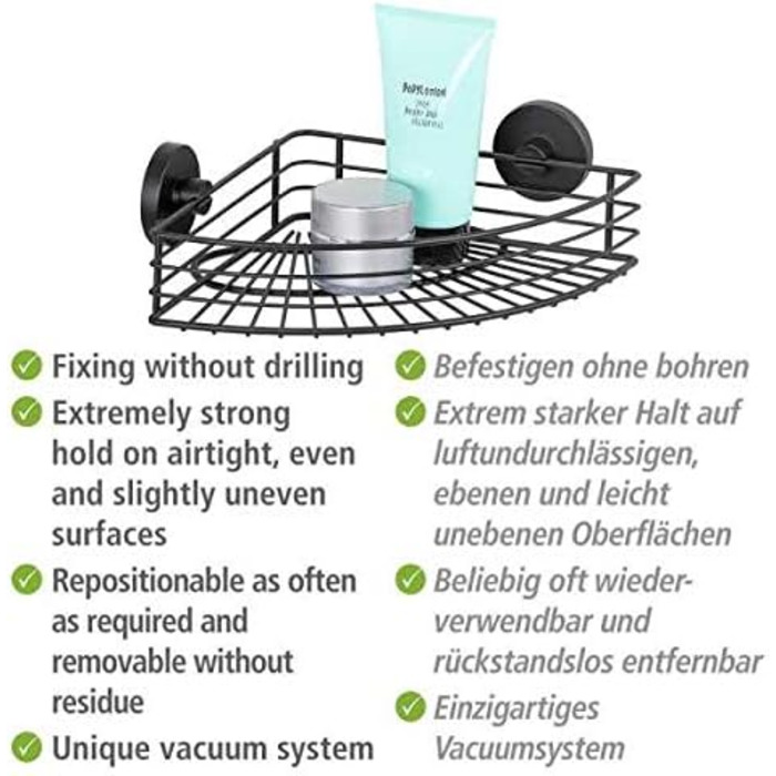 Кутова полиця WENKO Bari Vacuum-Loc, настінна, loft-стиль, без свердління, чорний лакований метал, 35x9x22,5 см