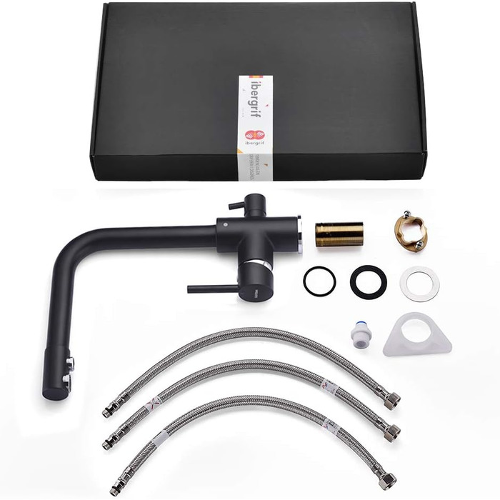 Кухонний змішувач 3-в-1 з поворотним виливом 360°, з двома важелями, для фільтрації води, гарячої та холодної води, високого тиску, з 3 шлангами 50 см, нержавіюча сталь, матовий чорний