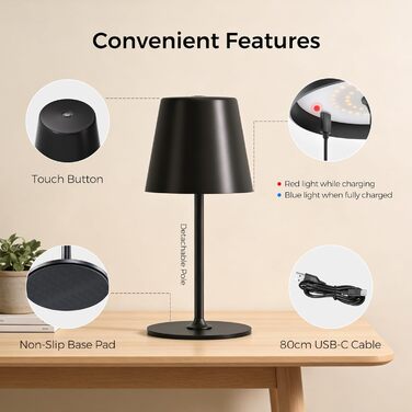 Світлодіодні настільні лампи бездротові 2 шт, димовані нічні лампи з сенсорним керуванням, акумуляторні, для приміщень та вулиці, 3 режими теплого світла, IP54 водонепроникні, металевий корпус, чорні