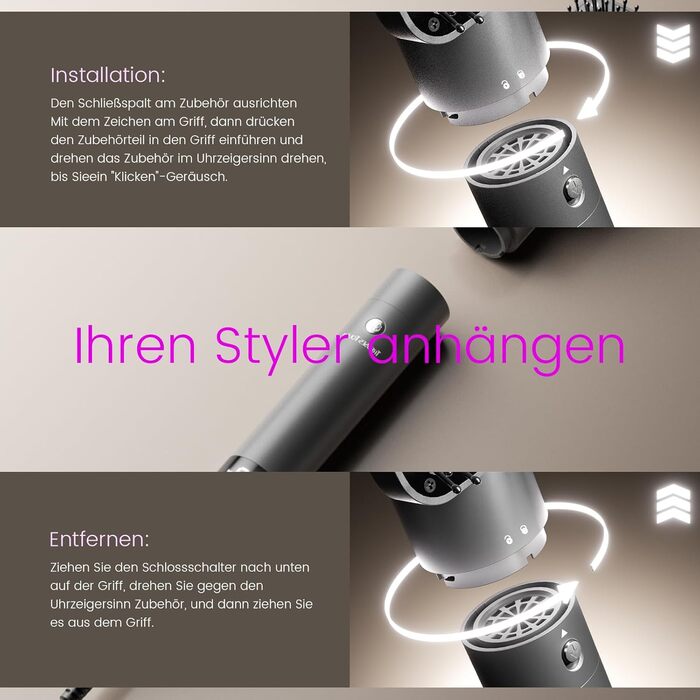 Фен-щітка Hairstyler 6 в 1: для локонів, об'єму, випрямлення та сушіння волосся, 1400W, 110000 обертів/хв, сірий