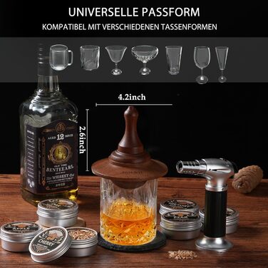 Набір для копчення віскі з факелом: 6 смаків, дерев'яні тріски, 2 склянки, 6 контейнерів для віскі, коктейльний набір для копчення, набір для копчення напоїв, подарунок на день народження для любителів бурбону (без бутану)