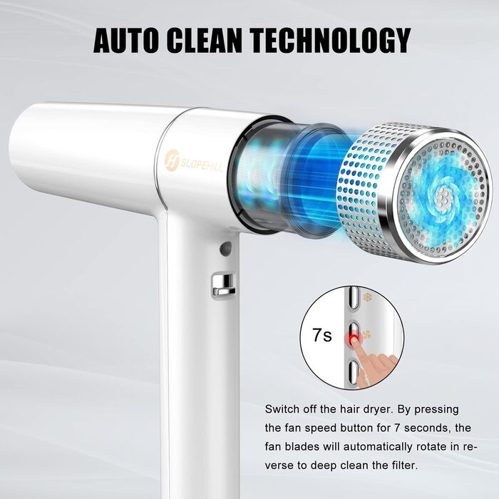 Фен Slopehill з унікальним безщітковим мотором | Інтелектуальна діагностика несправностей | Інноваційний мікрофільтр | Oxy Active Technology | LED-дисплей | 268г, 2000W (білий)