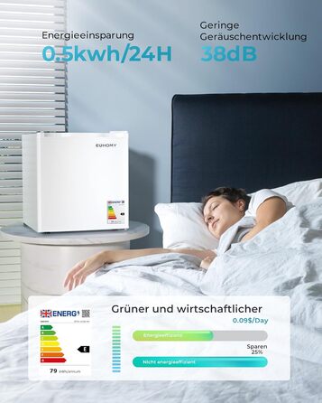 EUHOMY 46L Mini Refrigerator with Reversible Door, 7-Level Thermostat & Cooler Box, 39dB Quiet Mini Fridge for Bedroom/Office, Energy Efficient, Compact