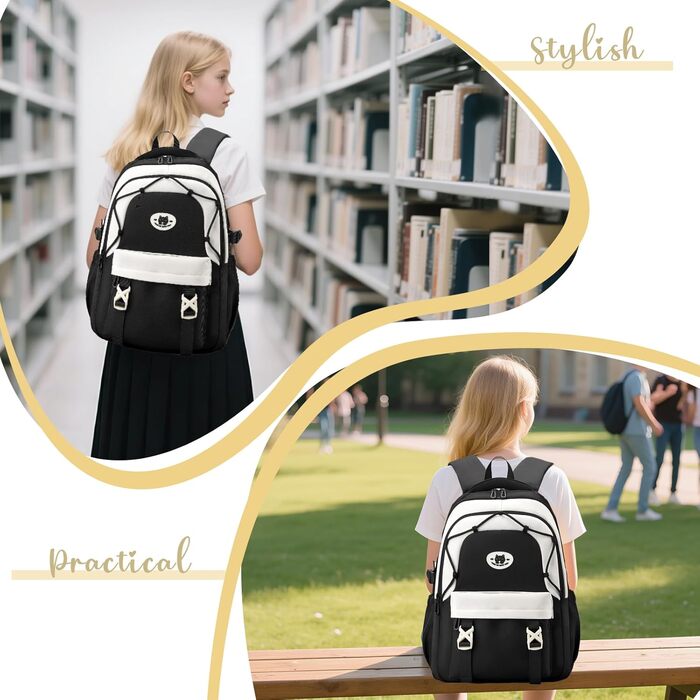 Рюкзак Tanou для школи, 30L, нейлон, для дівчаток 3-9 класів, з тролейовою петлею та брелоком, чорний