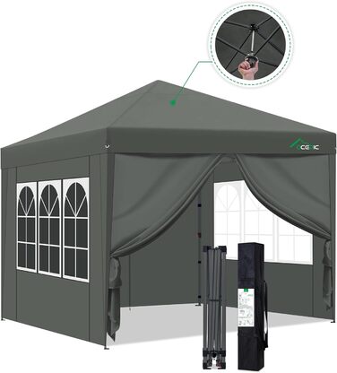 One-Touch Pop-Up Pavilion 3x3 Waterproof, Stable, Winter-Proof with Side Walls, Folding Pavilion with Thickened Tubes, for Garden, Party, Camping, Outdoor, Steel Frame, with 4 Side Walls, Dark Grey (Grey)
