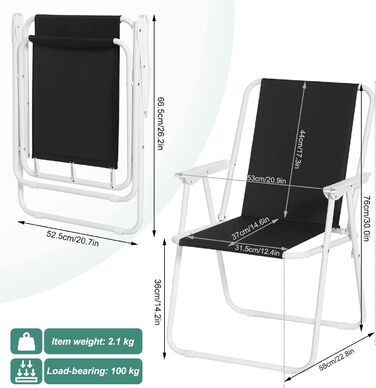 WOLTU Folding Camping Chairs, 2-Pack, Folding Chair, Comfortable Folding Stool, Lightweight Fishing Chair with Armrests for Picnic, Outdoor, Hiking, Garden, Balcony, (Black)