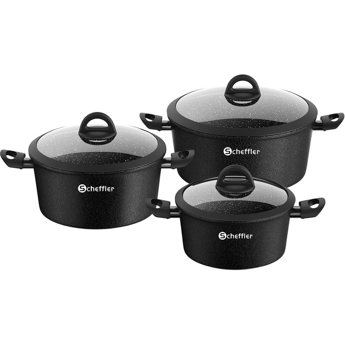 Набір каструль Scheffler 15 предметів з антипригарним покриттям для індукційних плит, чорний (HL-21PS102)