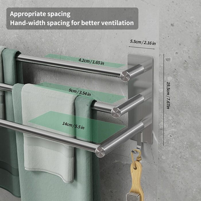 Тримач для рушників на стіну без свердління, SUS304 нержавіюча сталь, 3 стійки, 2 гачки, 60 см, сріблястий