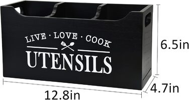 Karisky Kitchen Utensil Holder with Drainage Bottom, Large 3-Compartment Solid Real Wood Utensil Organizer for Countertops, Cooking Tools for Farmhouses for Worktops (Black)