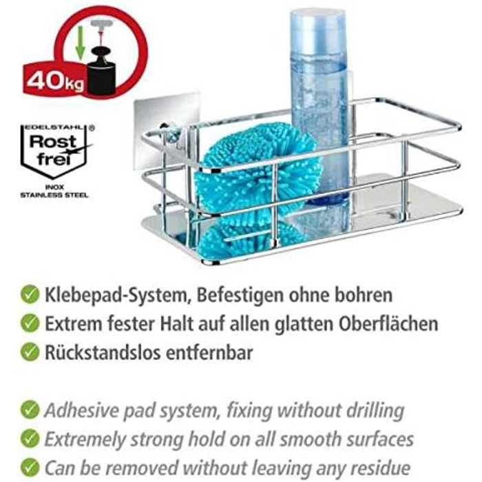 WENKO Turbo-Loc Stainless Steel Wall Shelf Quadro, Mounting Without Drilling, 24 x 10 x 14.5 cm, Chrome