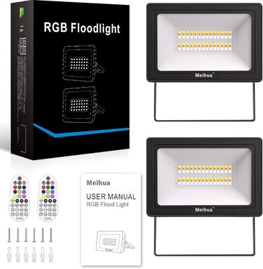 MEIHUA RGB LED Floodlights 2 Pack with Remote Control, IP66 Waterproof Outdoor Floodlight, 10 Colors, 12 Modes Color Changing, Dimmable, Indoor/Outdoor Floodlight with Timer and Memory Function for Garden, Tree, Landscape (35W)