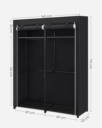SONGMICS Storage Cabinet, Portable, with Hanging Rod, Foldable, Wardrobe, Bedroom, Office, 140 x 43 x 174 cm, RYG02GY (Black)