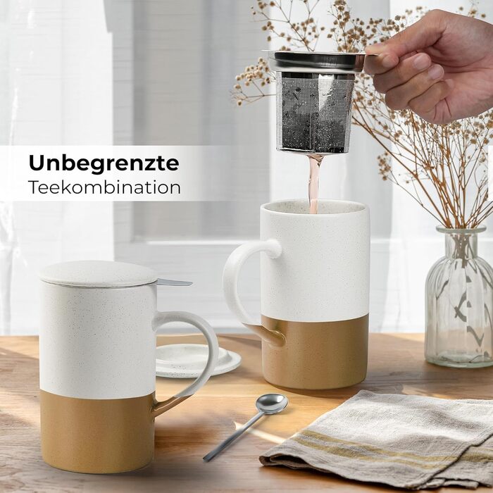 Набір чайних чашок Miamio 2 x 500 мл з кришкою та ситом, керамічні чашки з чайним ситечком та ложкою для заварювання листового чаю, подарунок для жінок, підходить для мікрохвильової печі та посудомийної машини (колір: коричневий)