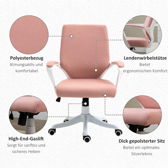 Крісло офісне Vinsetto: ергономічне, з регулюванням висоти, з підлокітниками, рожево-біле