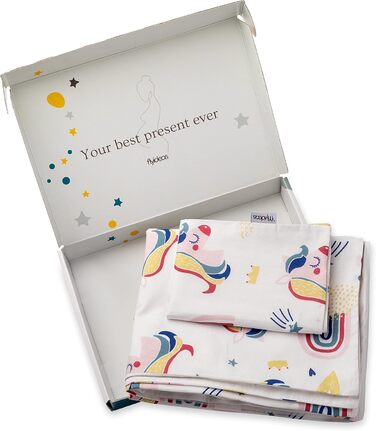 Комплект постільної білизни для немовлят FlyIdeas: 100% бавовна, сертифікат якості, ковдра та подушка, 160x80 см, Rainbow Unicorns, Made in EU