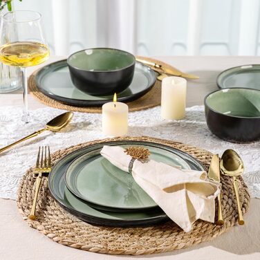 Набір посуду AmorArc з кераміки на 4 особи: тарілки та миски, реактивна глазур, міцний, для миття в посудомийній машині та використання в мікрохвильовці, комплект на 8 осіб (24 елементи) (Сервіз на 4, матовий чорний, оливковий)